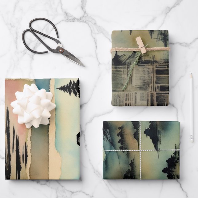 Feuille De Papier Cadeau Néphère de peinture paysagère traditionnelle japon (Recto)