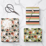 Feuille De Papier Cadeau Neutral Cats & Pumpkins Mixed Halloween Patterns<br><div class="desc">A set of wrapping paper sheets for Halloween featuring three cute patterns: one with cats,  pumpkins,  skulls,  bats,  toadstools,  witch hats,  and leaves against a neutral background; the same pattern against an olive green background; and one sheet with matching stripes.</div>