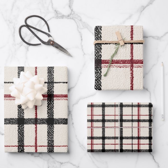 Feuille De Papier Cadeau Neutral tartan white black and red (Recto)