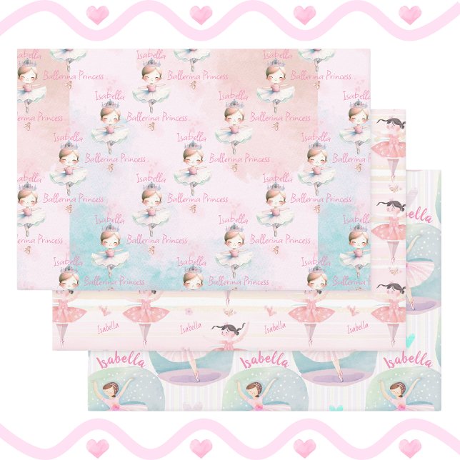 Feuille De Papier Cadeau N'Importe Quel Nom Joli Ballet Princesse Ballerina (Three Gift Wrap Sheets. Pretty paper for Ballerina Girls who Love to Dance!)