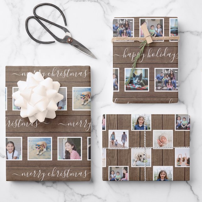 Feuille De Papier Cadeau N'Importe Quel Texte 12 Photo Collage Bois rustiqu (Créateur téléchargé)