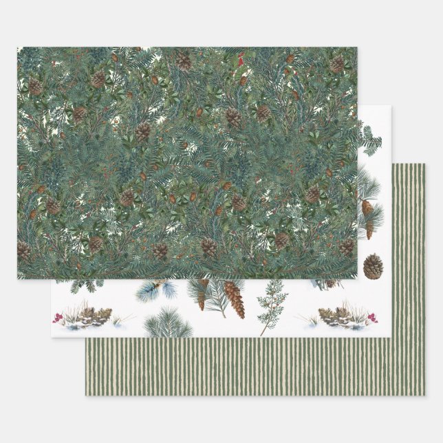 Feuille De Papier Cadeau Noël À feuillage persistant Branches Pinecone Bird (Lot)