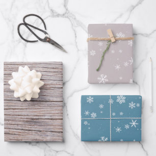 Feuille De Papier Cadeau Noël à motif de flocon de neige bleu beige bois ru