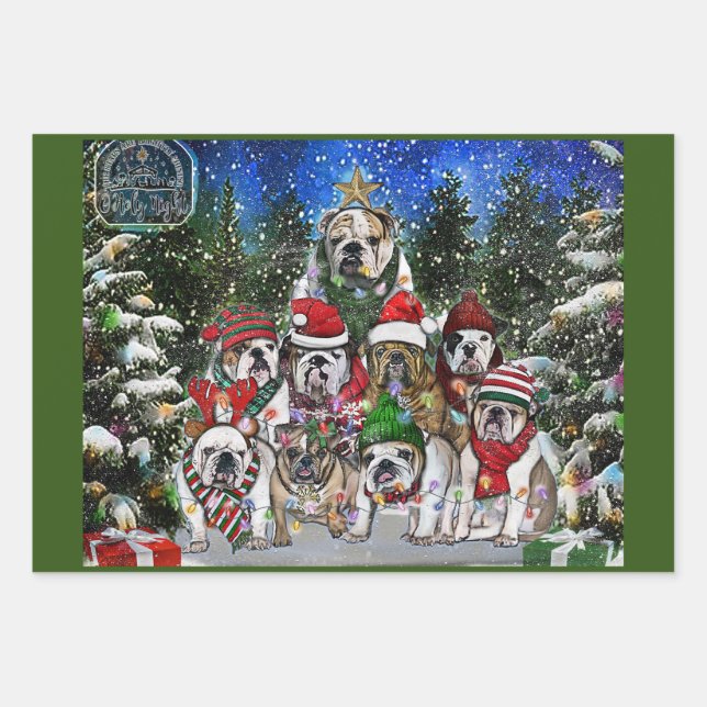 Feuille De Papier Cadeau Noël Anglais Bulldog Tree (Devant)