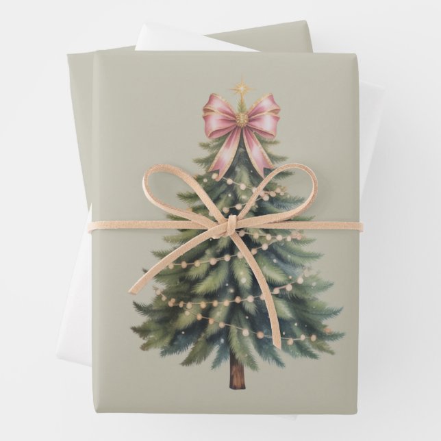 Feuille De Papier Cadeau Noël Arbre Bow Coquette Xmas (En situation)