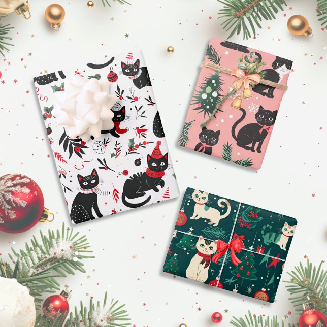 Feuille De Papier Cadeau Noël aux chats rétro (Cute Retro Cats Christmas Wrapping Paper, set of 3 sheets)