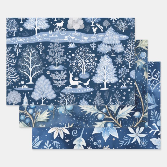 Feuille De Papier Cadeau Noël Bleu Nature Bois Hiver (Lot)