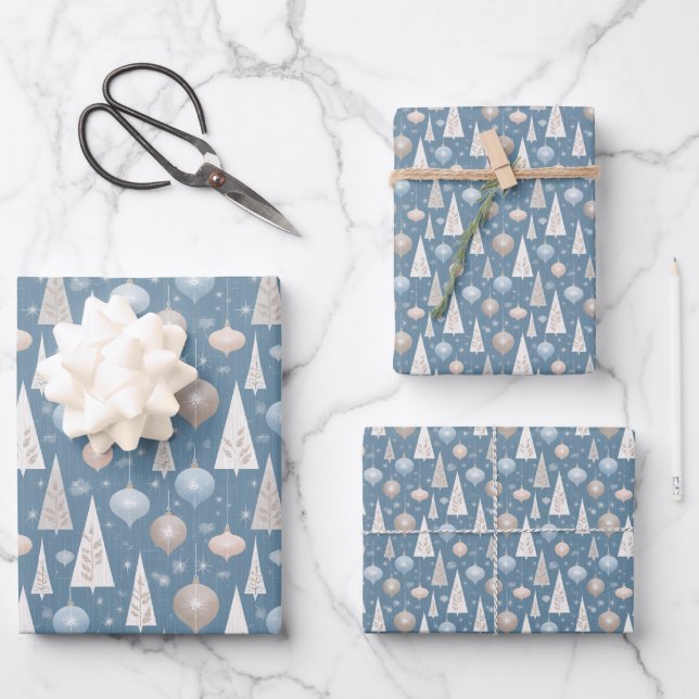 Feuille De Papier Cadeau Noël Bleu Rétro Vintage (Recto)