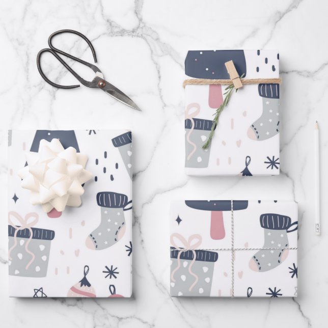 Feuille De Papier Cadeau Noël bleu rose et gris (Recto)