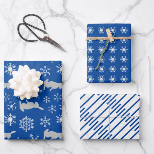 Feuille De Papier Cadeau Noël Blue Snowflakes et Bunnies