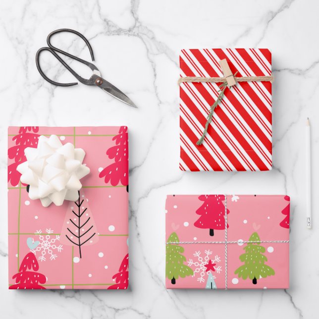 Feuille De Papier Cadeau Noël Bonbon en Canne Arbre Rose Doodle (Recto)