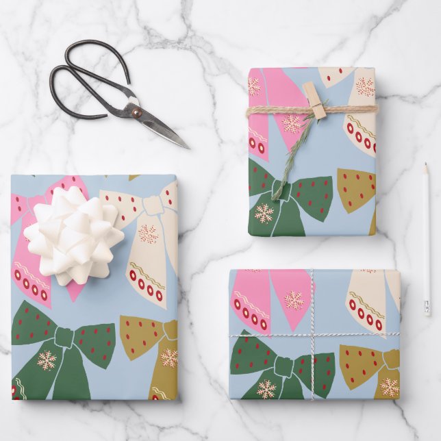 Feuille De Papier Cadeau Noël Bows Coquette bleu (Recto)