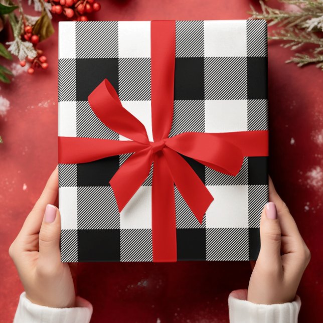 Feuille De Papier Cadeau Noël carreau de bœuf simplement blanc et noir (Black and White Buffalo Plaid Christmas Wrapping Paper Sheets)