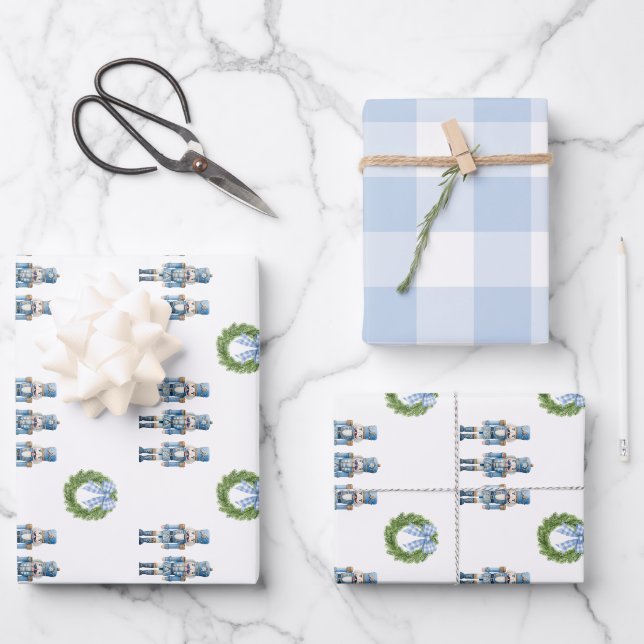 Feuille De Papier Cadeau Noël Casse-Noisette Bleu  (Recto)