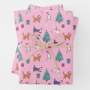 Feuille De Papier Cadeau Noël Chats et arbres Motif de vacances