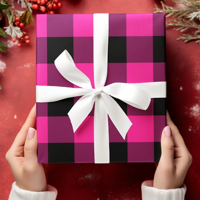 Feuille De Papier Cadeau Noël chaud rose et noir de Buffalo Plaid (Hot Pink Buffalo Plaid Gift Wrap)