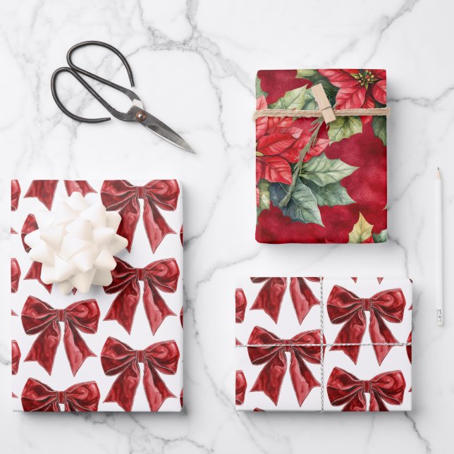 Feuille De Papier Cadeau Noël Chic Red Bow Floral (Recto)
