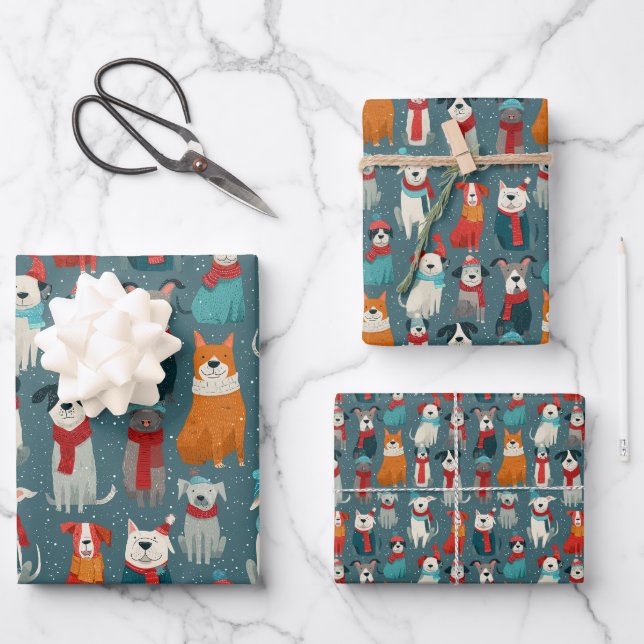 Feuille De Papier Cadeau Noël Chien d'Hiver Cosy (Recto)