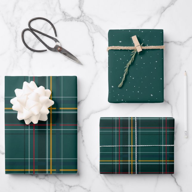 Feuille De Papier Cadeau Noël classique plaid fête verte (Recto)