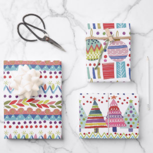 Feuille De Papier Cadeau Noël coloré et fantaisiste peint à la main