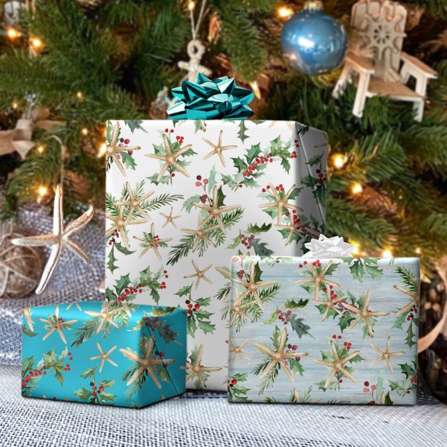 Feuille De Papier Cadeau Noël Côtier Plage Tropical Starfish Bleu (Créateur téléchargé)
