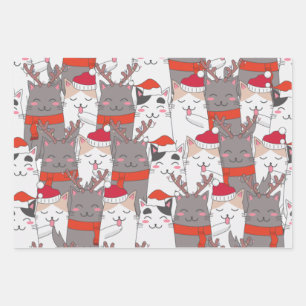 Feuille De Papier Cadeau Noël Cute Père Noël Chat Imprimer Motif, Décor
