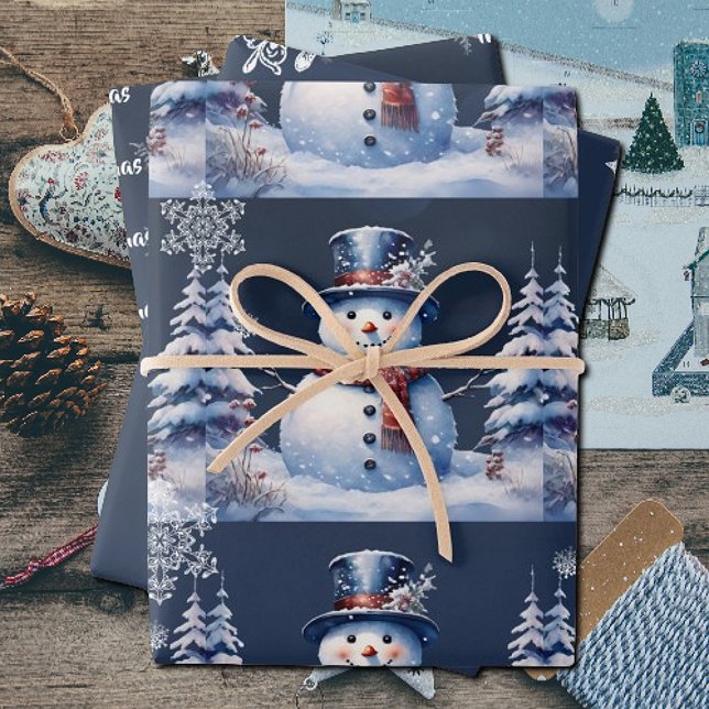 Feuille De Papier Cadeau Noël de la forêt d'hiver | Bleu (Winter Forest Snowman Christmas Wrapping Paper Sheets)