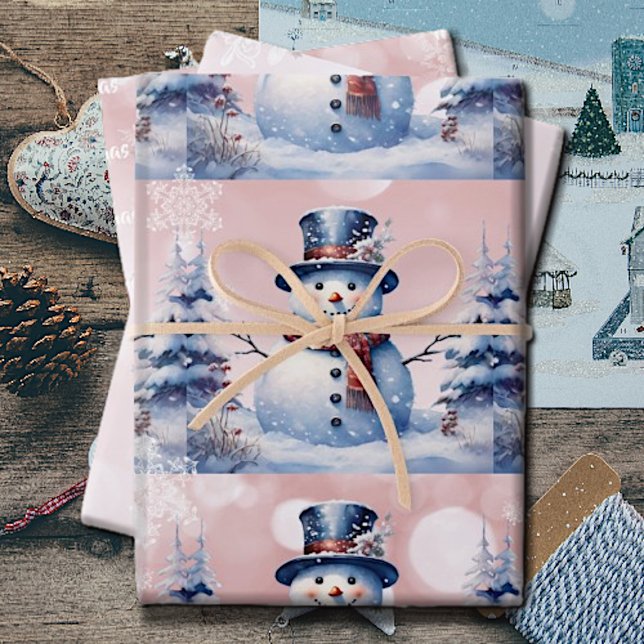 Feuille De Papier Cadeau Noël de la forêt d'hiver | Rose (Pink Winter Forest Snowman Christmas Wrapping Paper Sheets)