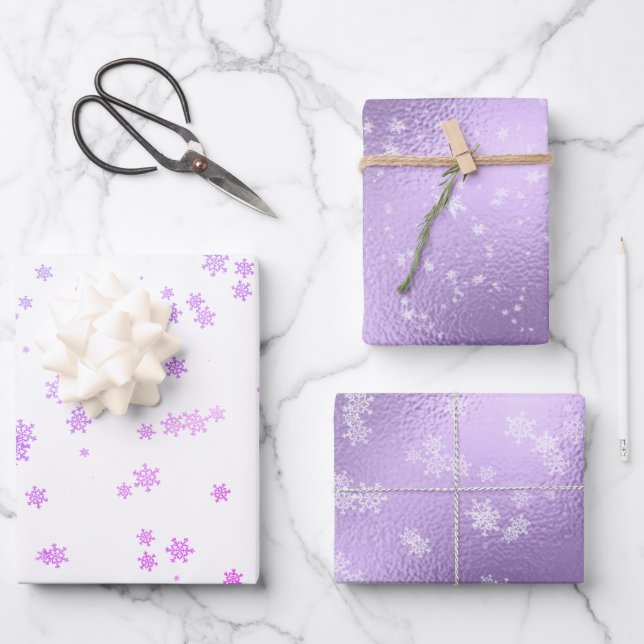 Feuille De Papier Cadeau Noël des Flammes de neige violettes (Recto)