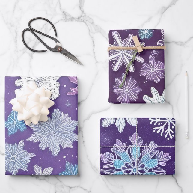 Feuille De Papier Cadeau Noël des flocons de neige blancs et violets (Recto)