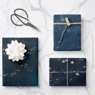 Feuille De Papier Cadeau Noël élégant luxe étoiles or bleu motif