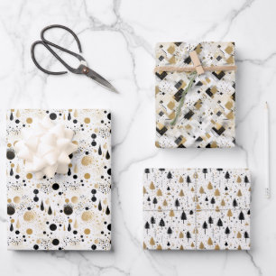 Feuille De Papier Cadeau Noël élégant moderne noir or & blanc
