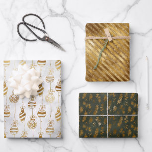 Feuille De Papier Cadeau Noël élégant pailleté or blanc vert  