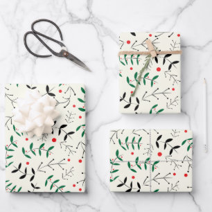 Feuille De Papier Cadeau Noël Élégant Rétro Bois Pins Baies