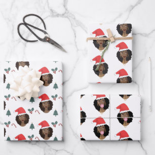 Feuille De Papier Cadeau Noël, femmes noires avec chapeau de Père Noël roug