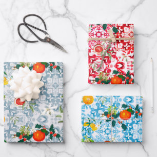 Feuille De Papier Cadeau Noël, festif, mistletoe, carreaux méditerranéens,