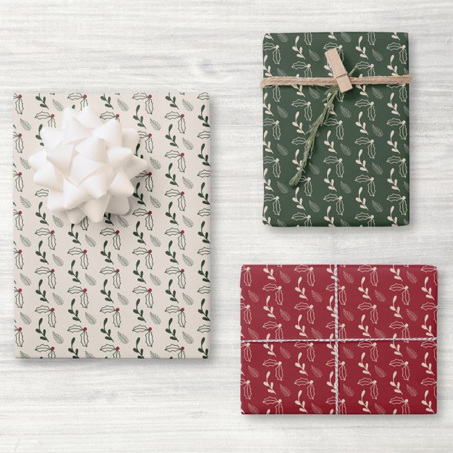 Feuille De Papier Cadeau Noël Feuillage de baie de houx rustique (Créateur téléchargé)