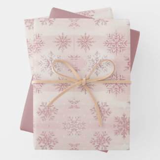 Feuille De Papier Cadeau Noël flocon de neige rose aquarelle vintage