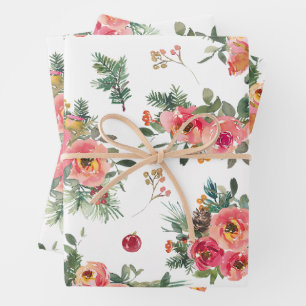 Feuille De Papier Cadeau Noël Floral et Motif de pin   Vacances d'hiver