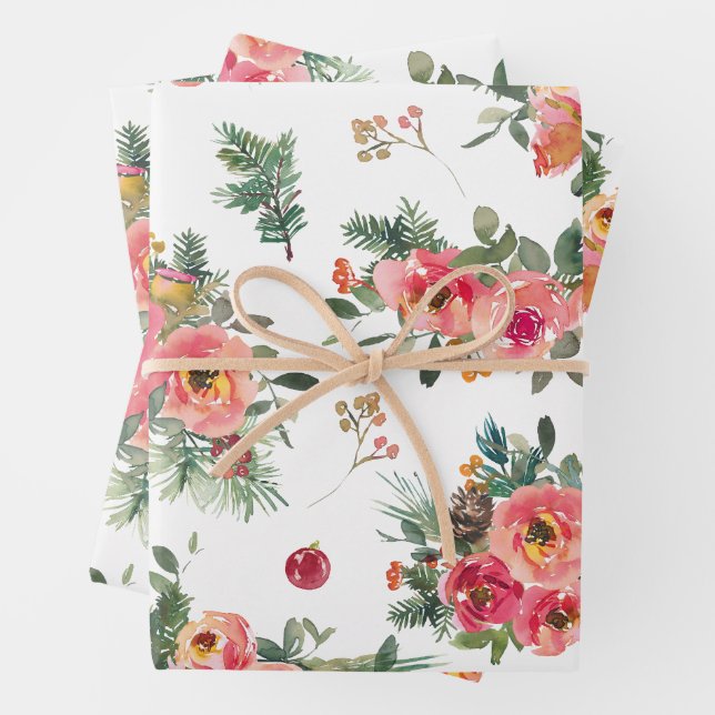 Feuille De Papier Cadeau Noël Floral et Motif de pin | Vacances d'hiver (En situation)