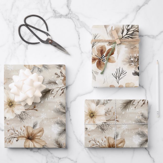 Feuille De Papier Cadeau Noël floral marron crème (Recto)