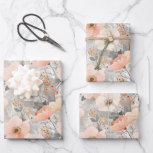 Feuille De Papier Cadeau Noël Floral Pastel Pêche & Aquarelle Grise