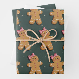 Feuille De Papier Cadeau Noël Gingerbread Girl Pink Bow Coquette