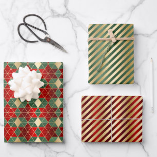 Feuille De Papier Cadeau Noël Glam Rouge Vert Or Géométrique Rayures