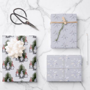 Feuille De Papier Cadeau Noël Gnomes Nordic Blue Snowflakes Étoiles