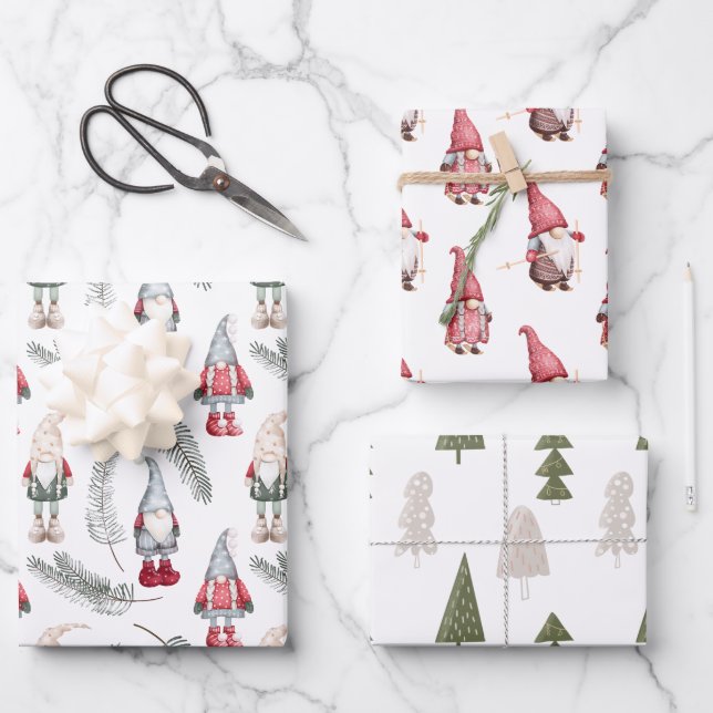 Feuille De Papier Cadeau Noël Gnomes Pin des Bois (Recto)