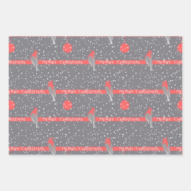 Feuille De Papier Cadeau Noël gris blanc rouge oiseaux pins (Devant)