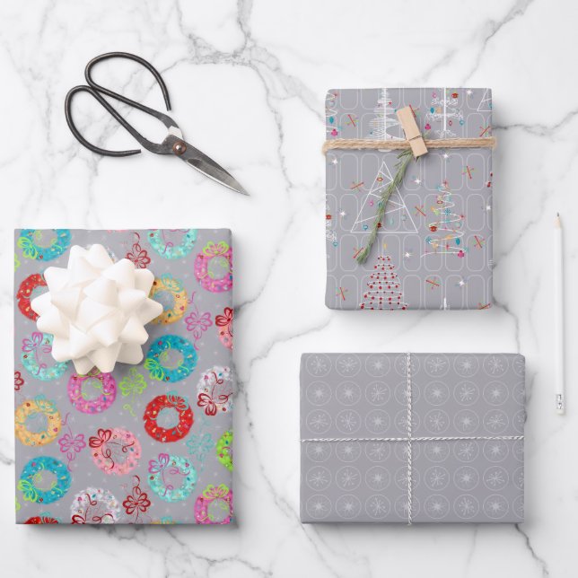 Feuille De Papier Cadeau Noël gris rétro (Recto)