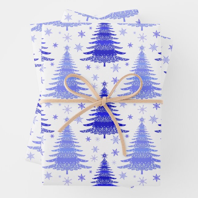 Feuille De Papier Cadeau Noël Holliday Blue Trees Motif Cadeau (En situation)
