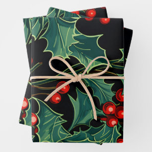 Feuille De Papier Cadeau Noël Holly Branches et Berries